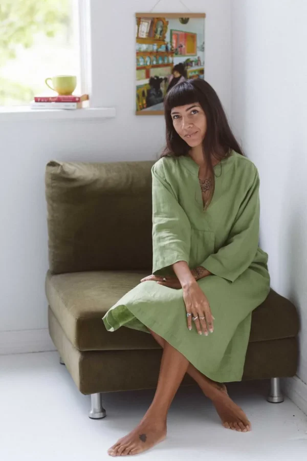 Emma Linen Dress In Herb Green