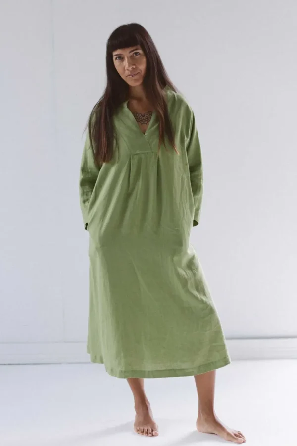 Emma Linen Dress In Herb Green